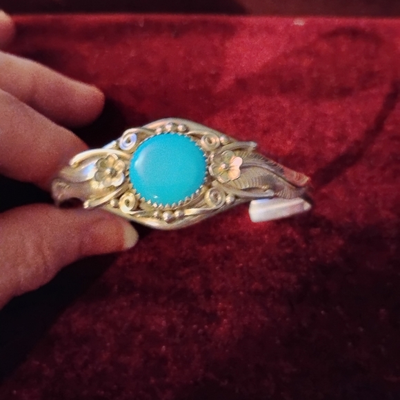 Native American Jewelry - Native American Open Scroll Sterling Silver Cuff Bracelet with Round Turquoise